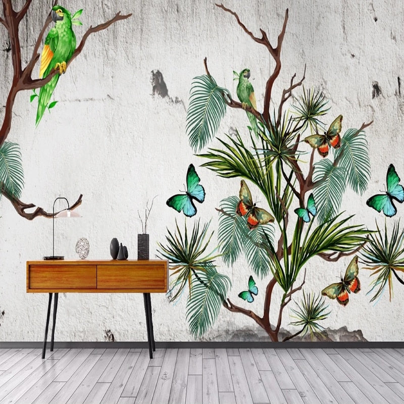 Birds and Butterflies On Pine Bough Wallpaper Mural, Custom Sizes Available