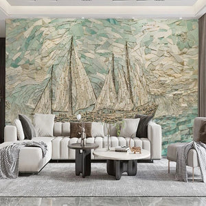 Exquisite Sailing Boats Mosaic Wallpaper Mural, Custom Sizes Available