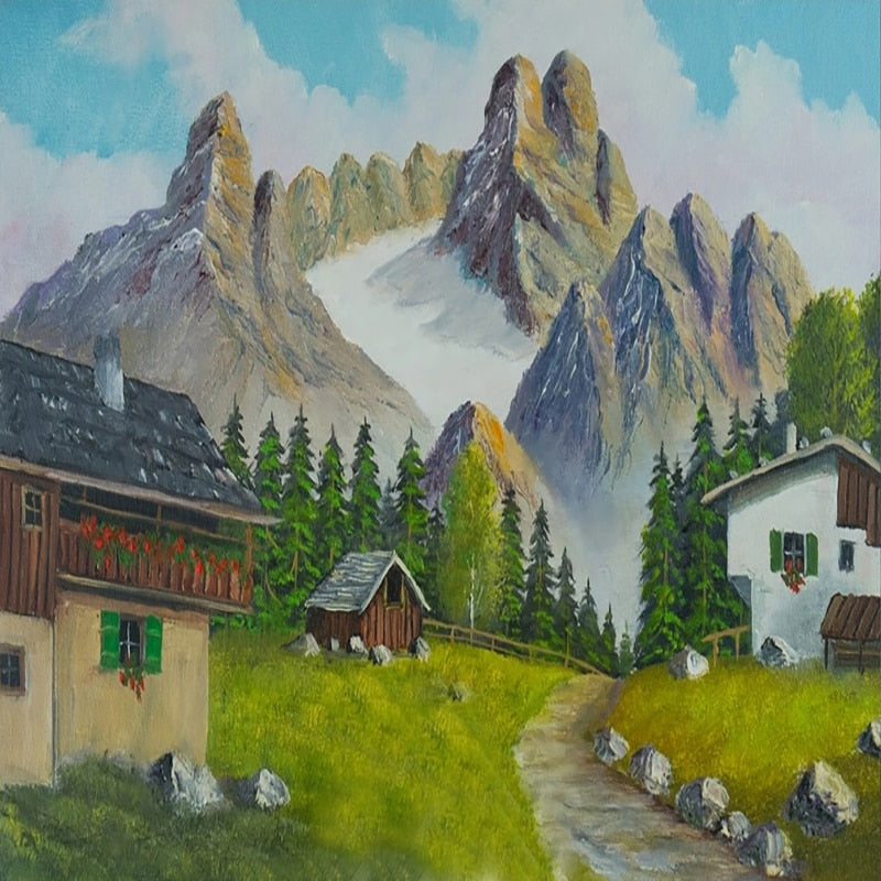 Serene Alpine Painting Wallpaper Mural, Custom Sizes Available