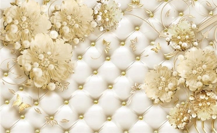 Pearls and Flowers On Tufted Fabric Wallpaper Mural, Custom Sizes Available