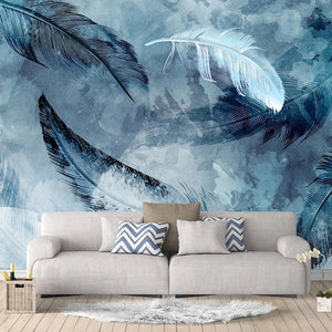 Mural Abstracto con Plumas Azules y Blancas, Tamaños Personalizados Disponibles