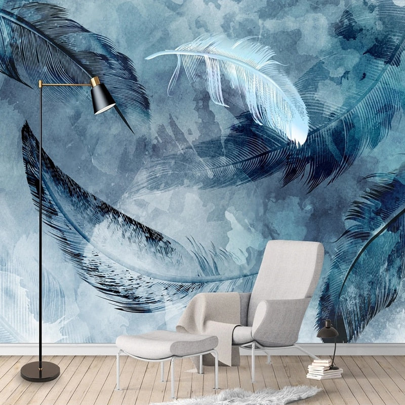 Abstract Blue and White Feathers Wallpaper Mural, Custom Sizes Available Wall Murals Maughon's 