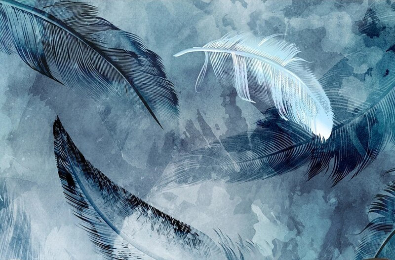 Abstract Blue and White Feathers Wallpaper Mural, Custom Sizes Available Wall Murals Maughon's Waterproof Canvas 
