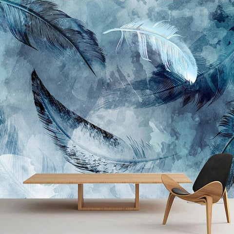 Image of Abstract Blue and White Feathers Wallpaper Mural, Custom Sizes Available Wall Murals Maughon's Waterproof Canvas 