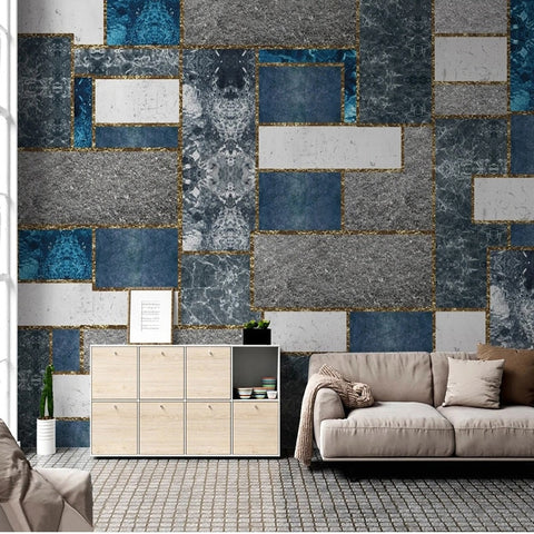 Image of Abstract Blue/Gray/White Rectangular Geometric Wallpaper Mural, Custom Sizes Available Wall Murals Maughon's 
