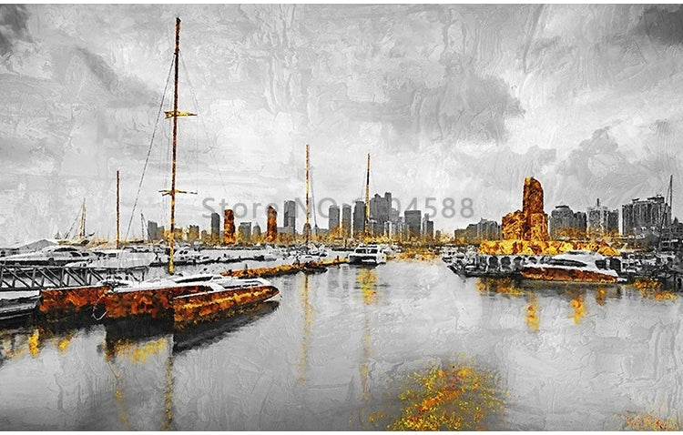 Abstract City Harbor Painting Wallpaper Mural, Custom Sizes Available Wall Murals Maughon's 