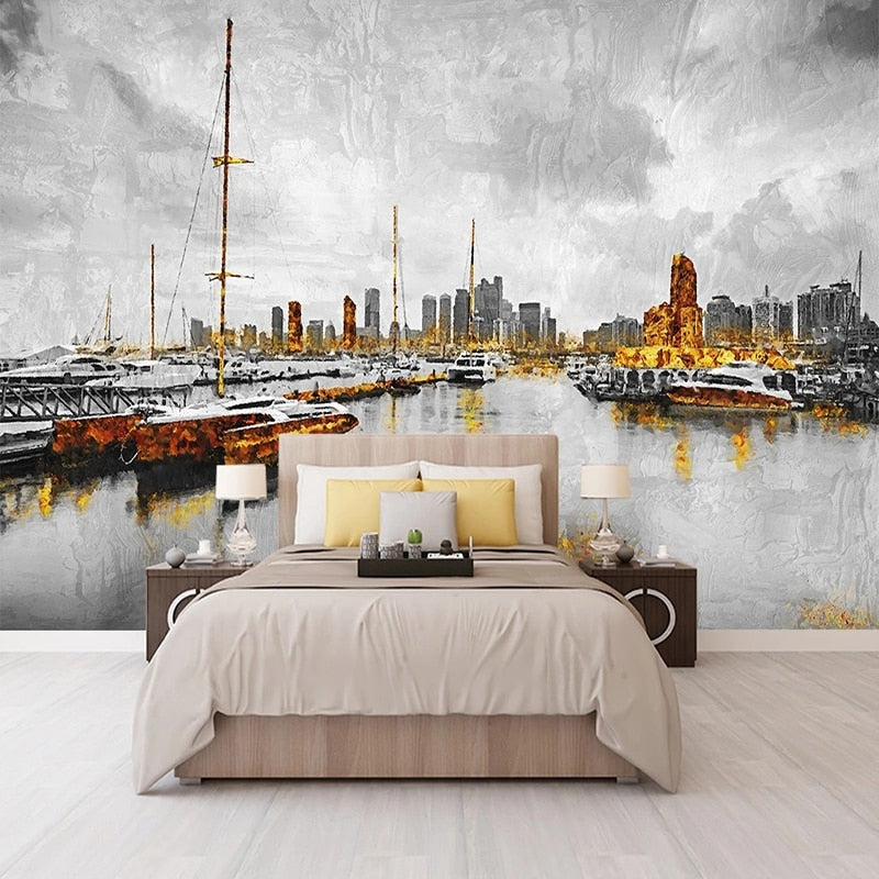 Abstract City Harbor Painting Wallpaper Mural, Custom Sizes Available Wall Murals Maughon's 