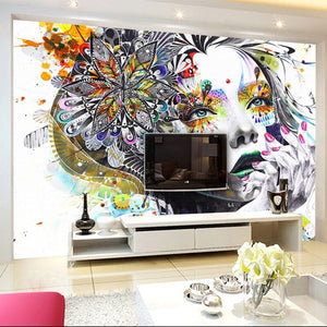 Abstract Colorful Lady Wallpaper Mural, Custom Sizes Available