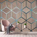 Abstract Geometric Wood Grain With Blue Grid Wallpaper Mural, Custom Sizes Available Household-Wallpaper Maughon's 