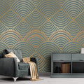 Abstract Golden Lines On Teal Background Wallpaper Mural, Custom Sizes Available Maughon's 