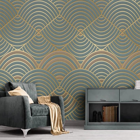 Image of Abstract Golden Lines On Teal Background Wallpaper Mural, Custom Sizes Available Maughon's 