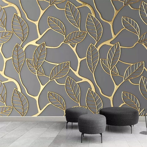Image of Abstract Golden Tree Leaves Wallpaper Mural, Custom Sizes Available Wall Murals Maughon's Waterproof Canvas 