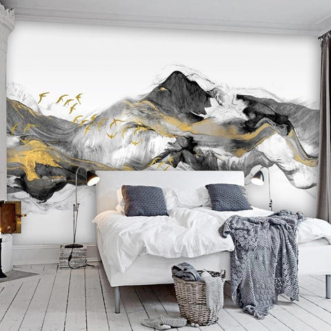 Image of Abstract Mountains and Flying Birds Wallpaper Mural, Custom Sizes Available Wall Murals Maughon's 