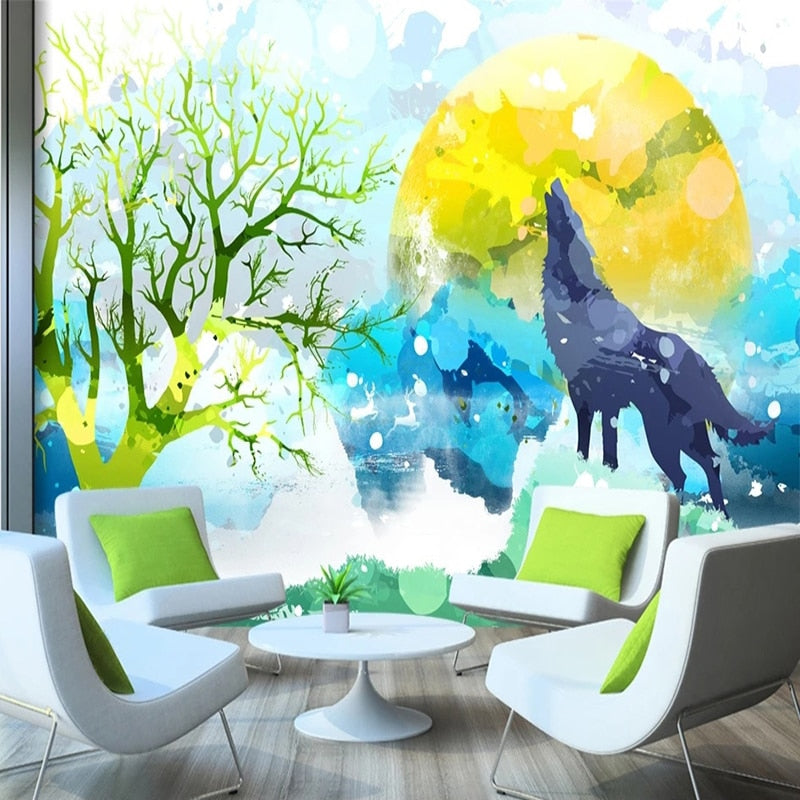 Abstract Wolf Howling At the Moon Wallpaper Mural, Custom Sizes Available Wall Murals Maughon's Waterproof Canvas 