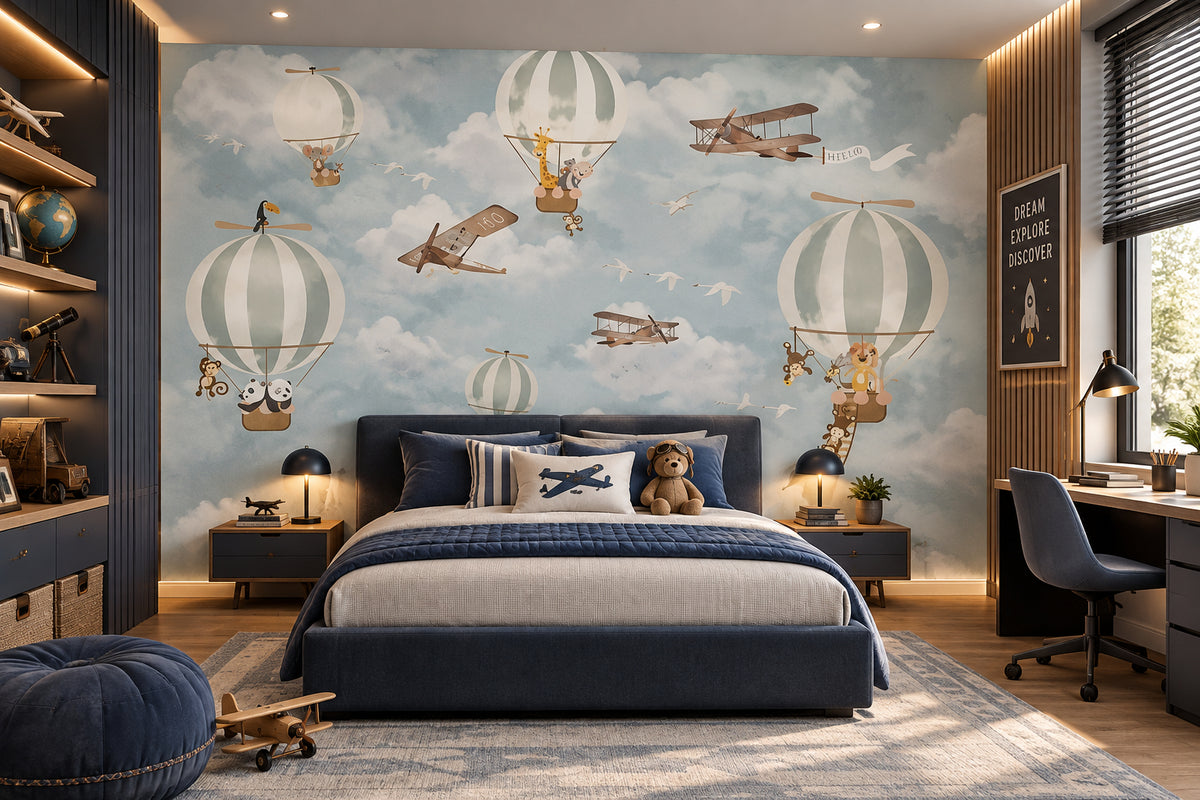 Cartoon Balloons And Planes Kid's Wallpaper Mural, Custom Sizes Available