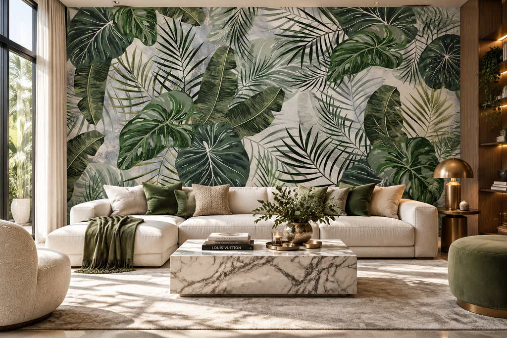 Tropical Leaves Wallpaper Mural, Custom Sizes Available