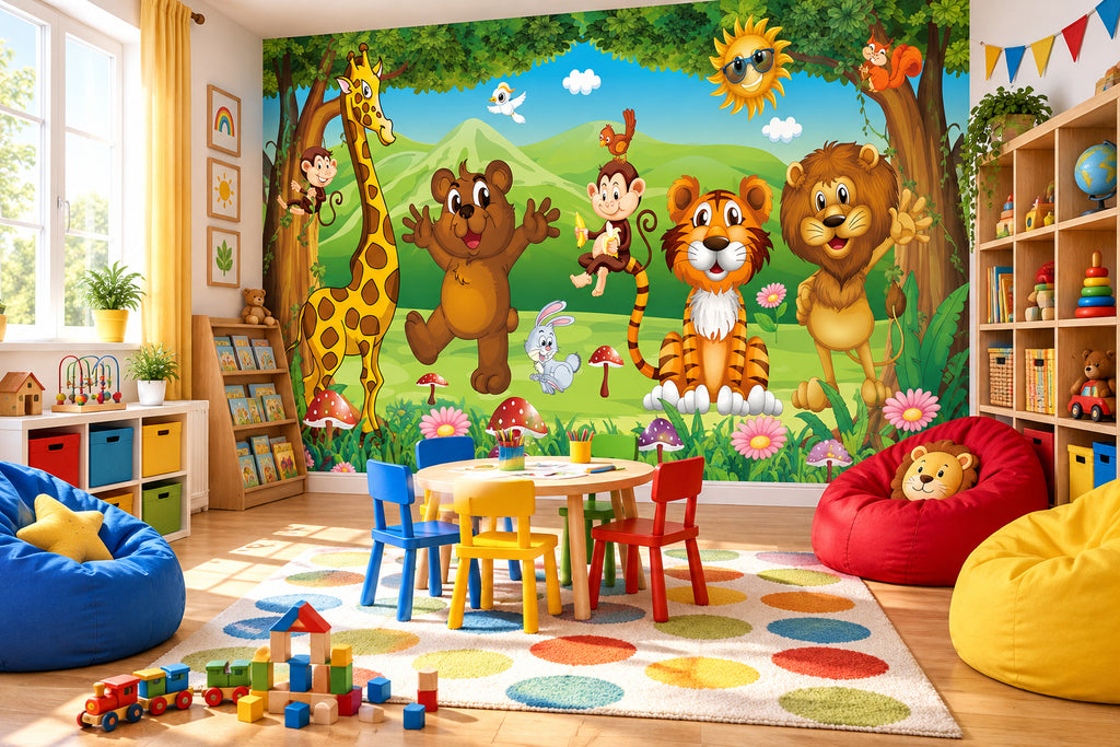 Animal Paradise Cartoon Wallpaper Mural, Custom Sizes Available Household-Wallpaper Maughon's 