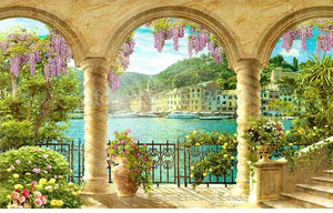 Arched Balcony Overlooking Water Wallpaper Mural, Custom Sizes Available