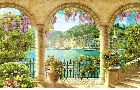 Image of Arched Balcony Overlooking Water Wallpaper Mural, Custom Sizes Available Wall Murals Maughon's 