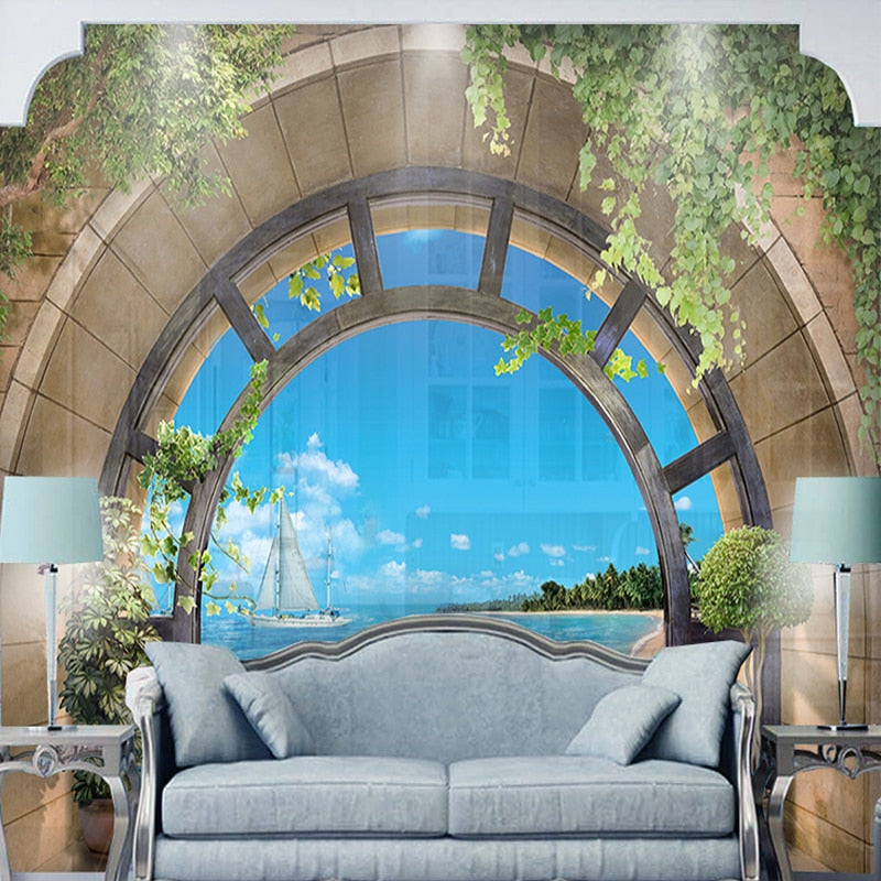 Arched Window Overlooking the Sea Wallpaper Mural, custom Sizes Available Maughon's 