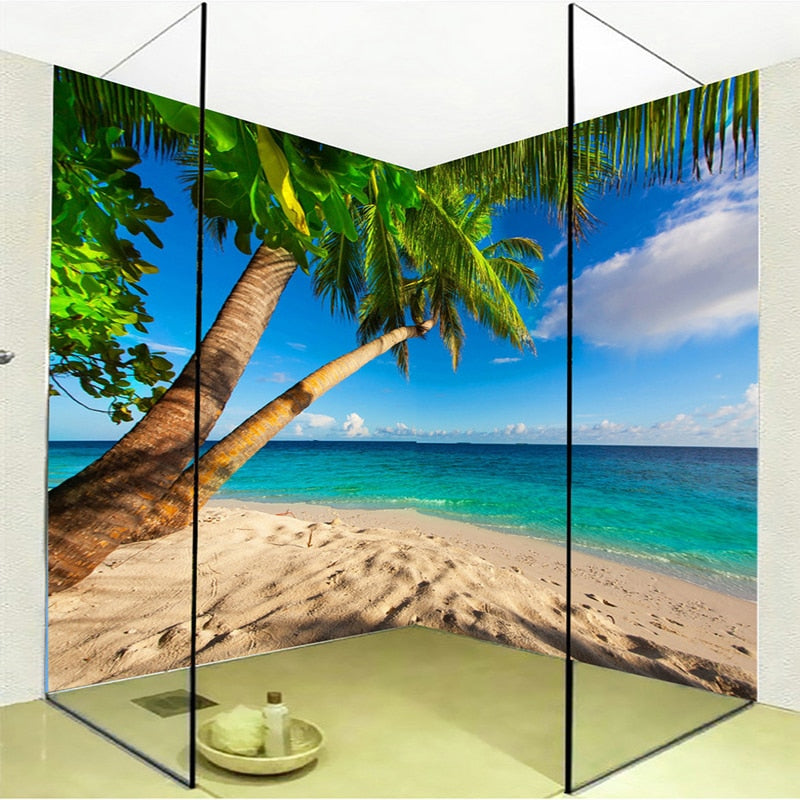 Awesome Beach With Coconut Tree Self Adhesive Bathroom Mural, Custom Sizes Available Wall Murals Maughon's 