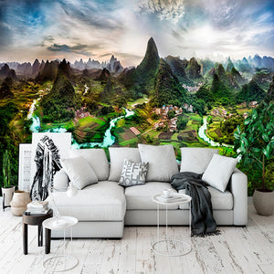 Awesome Birds Eye View of Village Wallpaper Mural, Custom Sizes Available