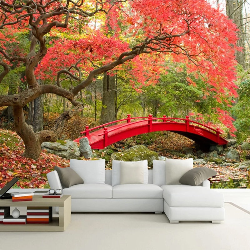 Awesome Fall Foliage and Red Bridge Wallpaper Mural, Custom Sizes Available Wall Murals Maughon's 