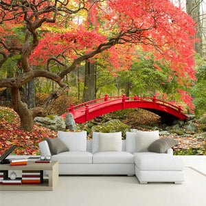 Awesome Fall Foliage and Red Bridge Wallpaper Mural, Custom Sizes Available