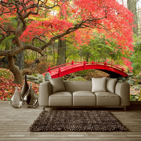 Image of Awesome Fall Foliage and Red Bridge Wallpaper Mural, Custom Sizes Available Wall Murals Maughon's Waterproof Canvas 
