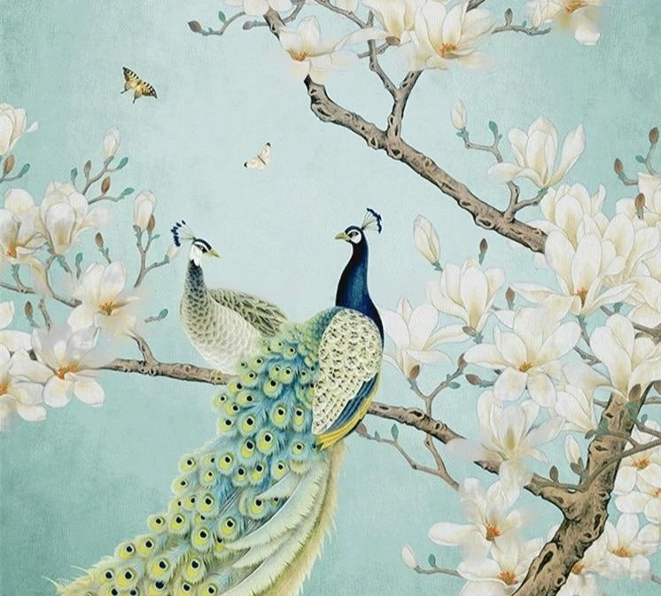 Papel pintado de pavo real, flores de magnolia y pájaros, tamaños personalizados disponibles