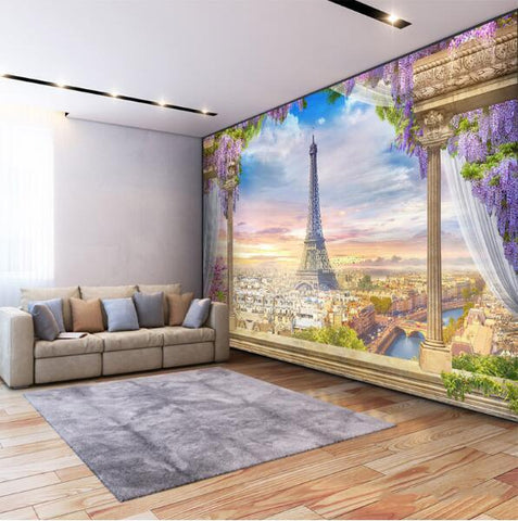 Image of Balcony Overlooking Paris and Eiffel Tower Wallpaper Mural, Custom Sizes Available Household-Wallpaper Maughon's 