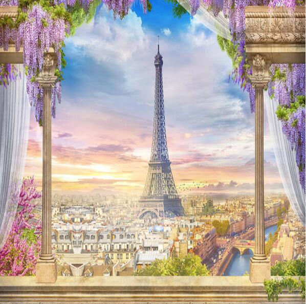 Balcony Overlooking Paris and Eiffel Tower Wallpaper Mural, Custom Sizes Available Household-Wallpaper Maughon's 