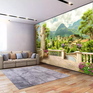 Balcony Overlooking Village Wallpaper Mural, Custom Sizes Available