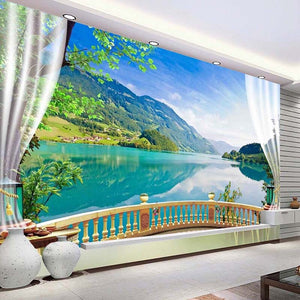 Balcony Window Lake Forest Scenery Wallpaper Mural,  Custom Sizes Available