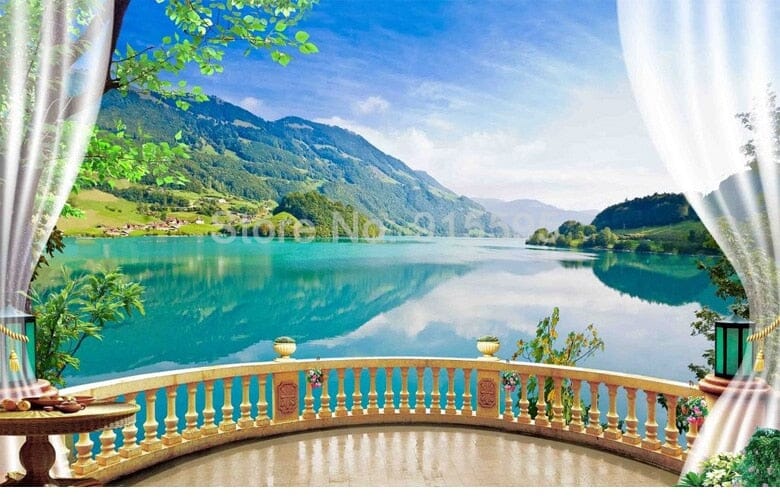 Balcony Window Lake Forest Scenery Wallpaper Mural, Custom Sizes Available Wall Murals Maughon's 