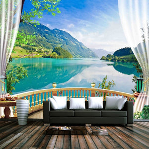 Balcony Window Lake Forest Scenery Wallpaper Mural, Custom Sizes Available Wall Murals Maughon's Waterproof Canvas 