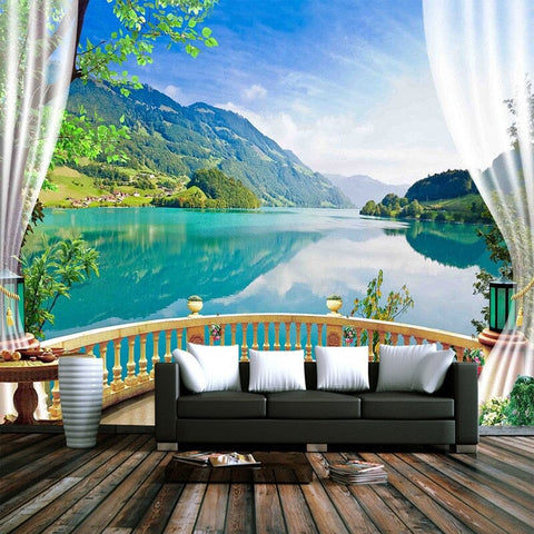 Image of Balcony Window Lake Forest Scenery Wallpaper Mural, Custom Sizes Available Wall Murals Maughon's Waterproof Canvas 