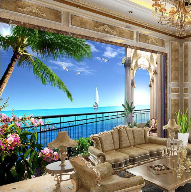 Balcony With Seaview Wallpaper Mural, Custom Sizes Available Household-Wallpaper Maughon's 