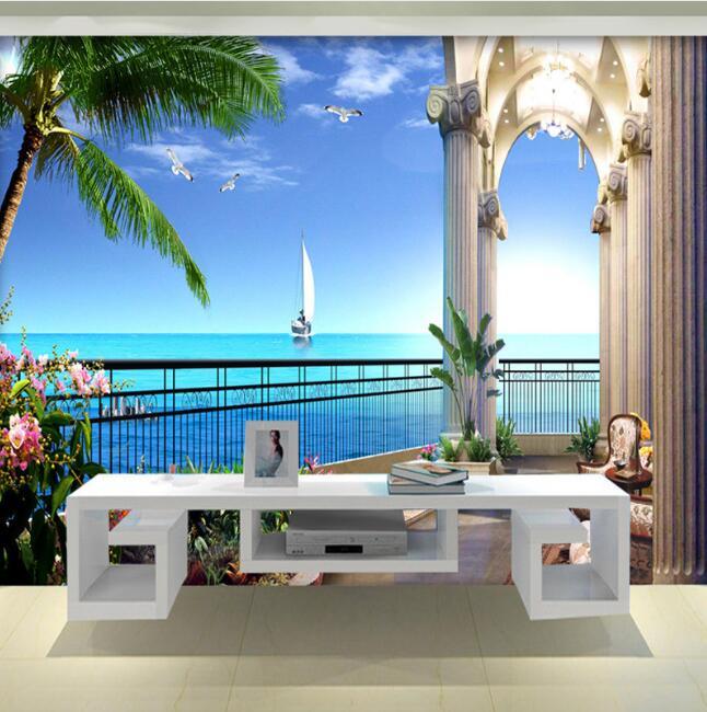 Balcony With Seaview Wallpaper Mural, Custom Sizes Available Household-Wallpaper Maughon's 