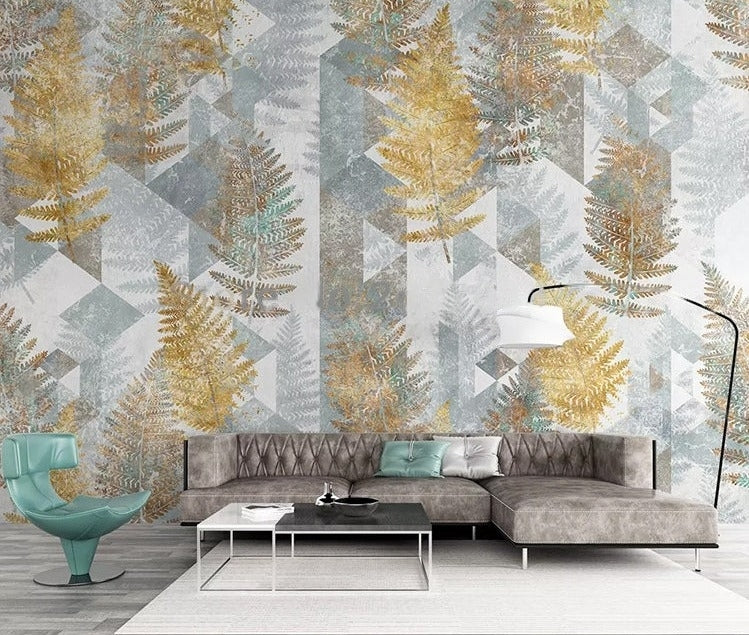 Abstract Golden Fern Fronds Wallpaper Mural , Custom Sizes Available
