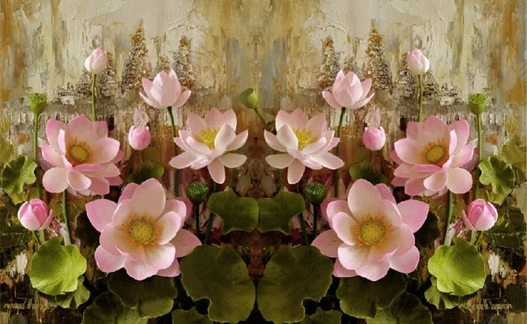 Pink Water Lilies Oil Painting Wallpaper Mural, Custom Sizes Available