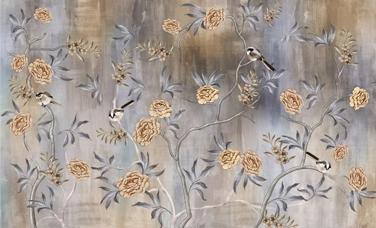 Retro Flowers And Birds Wallpaper Mural, Custom Sizes Available