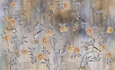 Image of Retro Flowers And Birds Wallpaper Mural, Custom Sizes Available