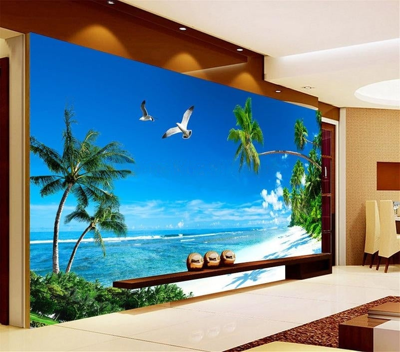 Beach and Palm Trees Coconut Trees Wallpaper Mural, Custom Sizes Available