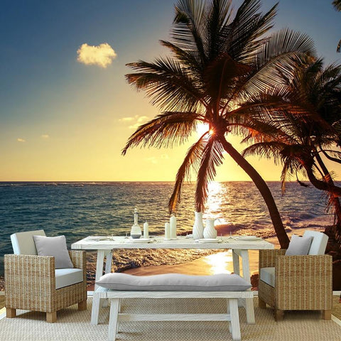 Image of Beach, Sunset and Coconut Palm Wallpaper Mural, Custom Sizes Available Wall Murals Maughon's 