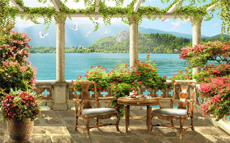 Beautiful Balcony With Lake Scenery Wallpaper Mural, Custom Sizes Available Household-Wallpaper Maughon's 