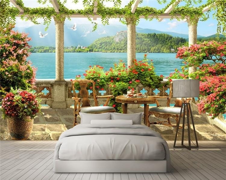 Beautiful Balcony With Lake Scenery Wallpaper Mural, Custom Sizes Available