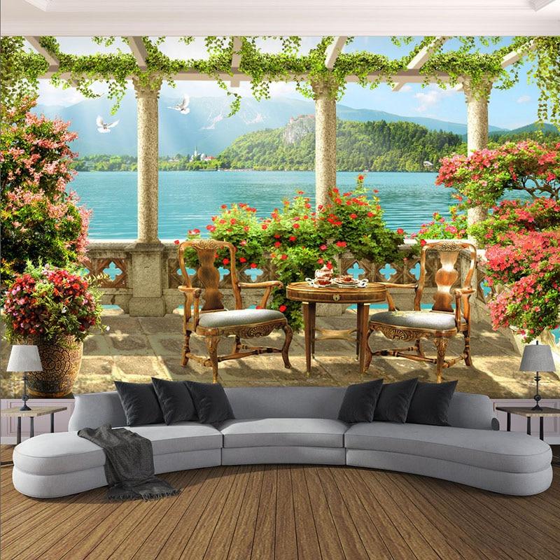 Beautiful Balcony With Lake Scenery Wallpaper Mural, Custom Sizes Available Household-Wallpaper Maughon's 