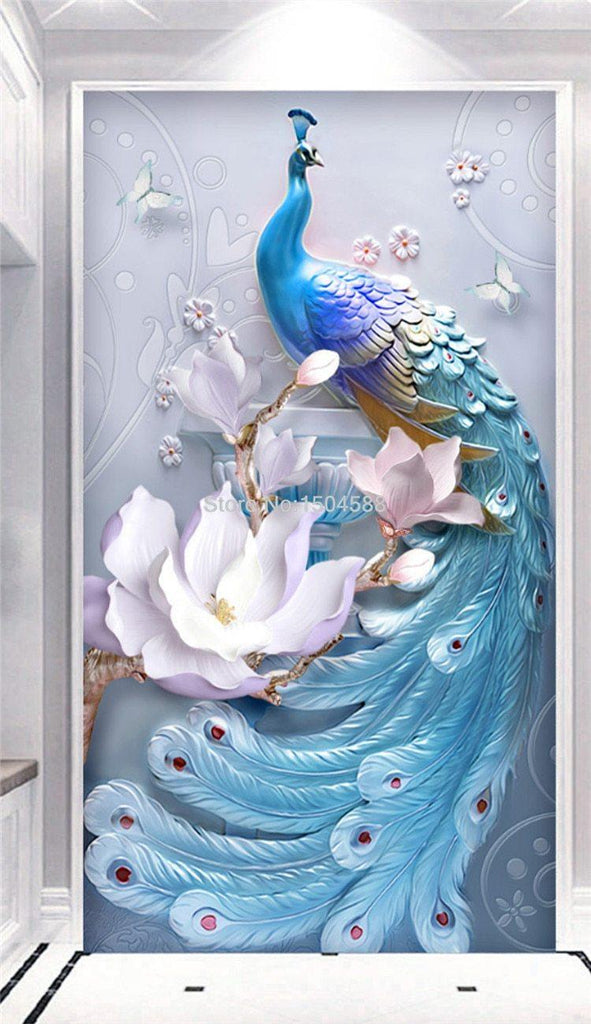 Beautiful Blue Peacock With Flowers Wallpaper Mural, Custom Sizes Available Maughon's 