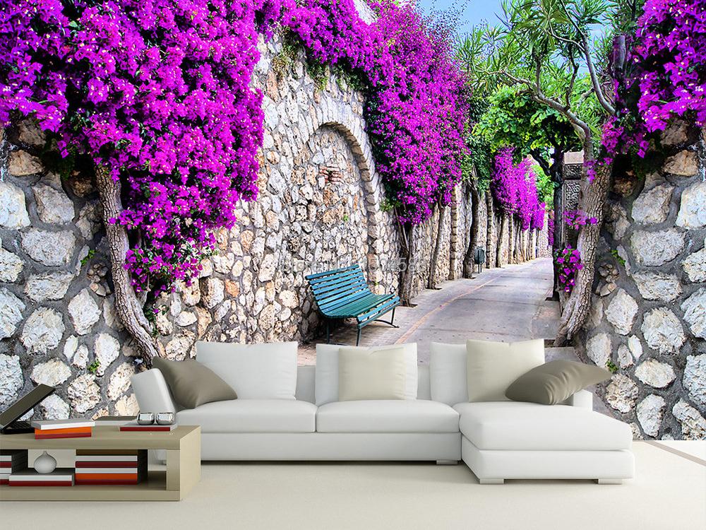 Beautiful Bougainvillea On Stone Wall Wallpaper Mural, Custom Sizes Available Maughon's 